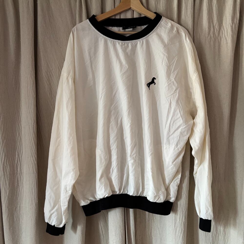 Vintage Röche Nylon Pullover‎ Men's XL White Black Trim Horse Logo USA 90s
